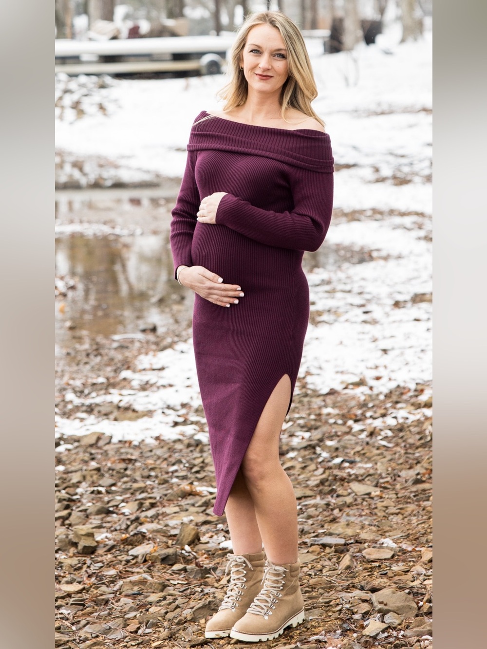 Off-Shoulder Ribbed Sweater Maxi Dress in Wine